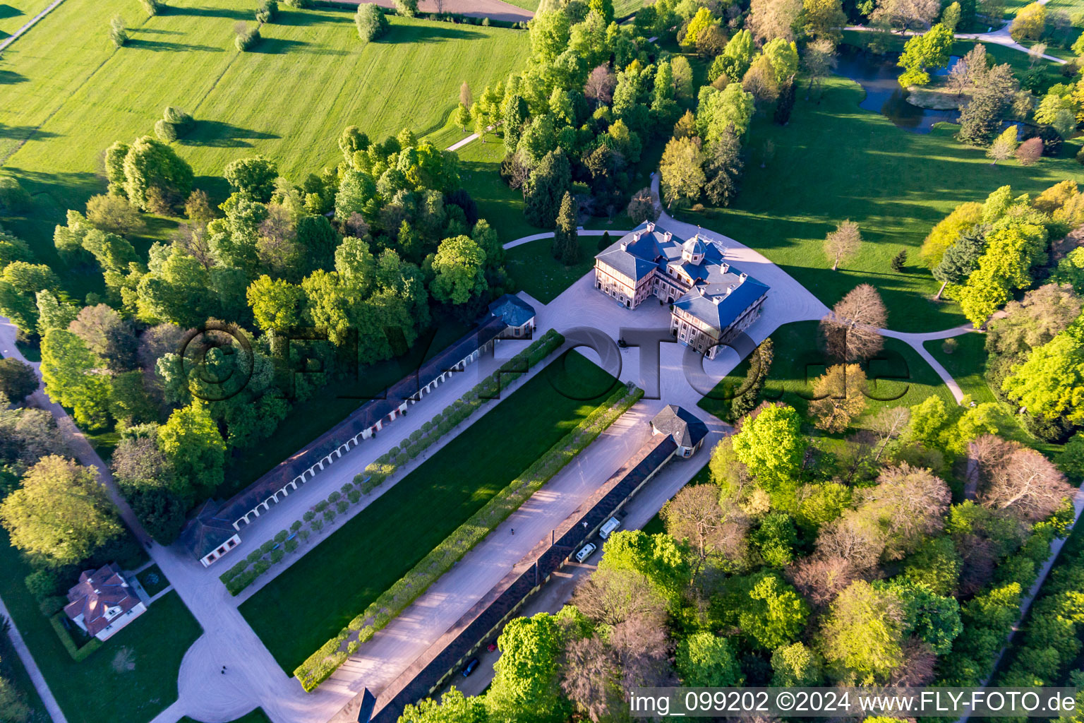 Castle Favorite at Förch in the district Förch in Rastatt in the state Baden-Wuerttemberg, Germany from the plane