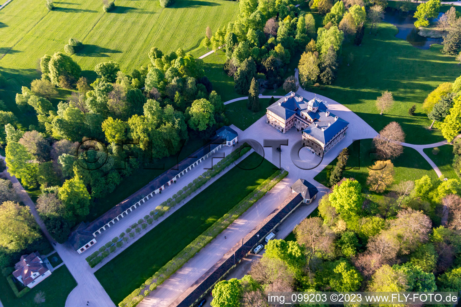 Building complex in the park of the castle Favorite in Rastatt in the state Baden-Wurttemberg, Germany seen from above