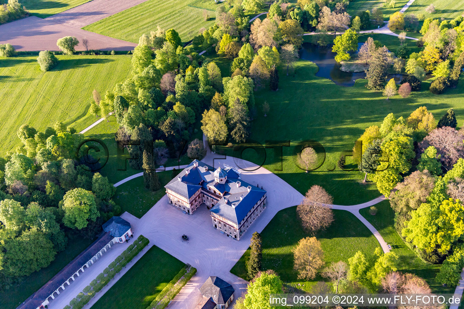 Bird's eye view of Castle Favorite at Förch in the district Förch in Rastatt in the state Baden-Wuerttemberg, Germany