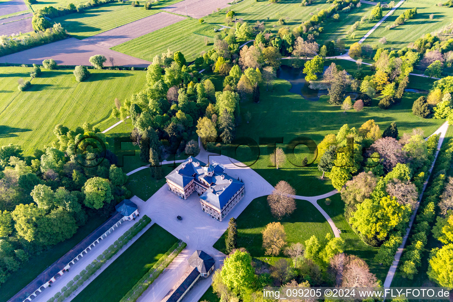 Castle Favorite at Förch in the district Förch in Rastatt in the state Baden-Wuerttemberg, Germany viewn from the air