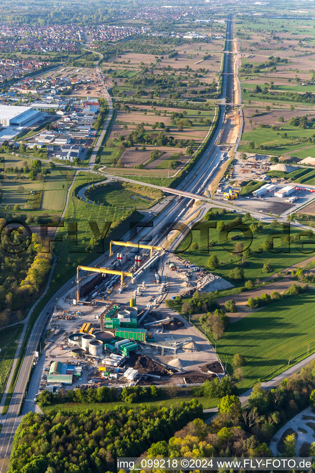 Aerial view of Züblin railway tunnel construction site in Ötigheim in the state Baden-Wuerttemberg, Germany