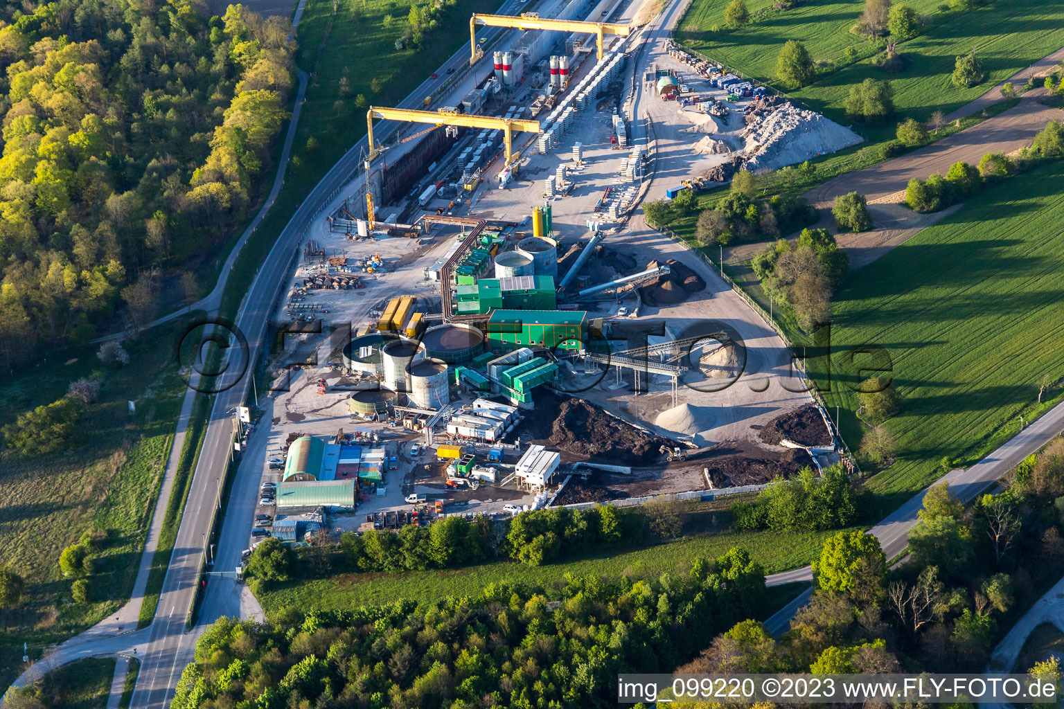 Aerial photograpy of Züblin railway tunnel construction site in Ötigheim in the state Baden-Wuerttemberg, Germany