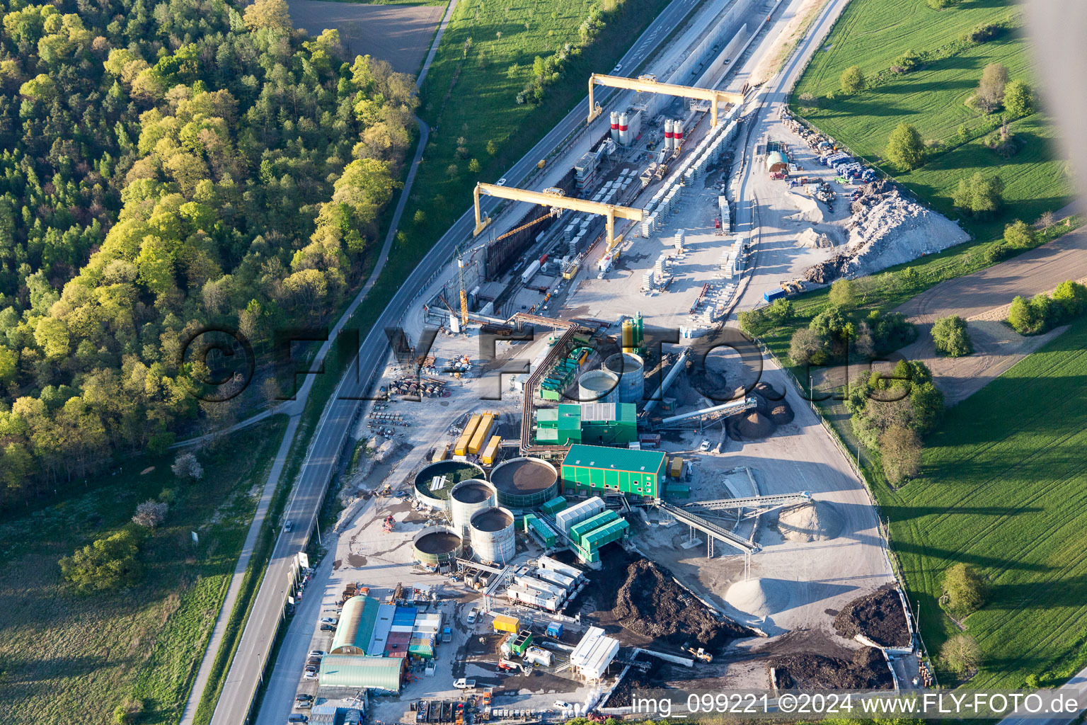 Aerial view of Construction site with tunnel guide for the route of ICE Neubaustrecke Karlsruhe-Basel in Oetigheim in the state Baden-Wurttemberg, Germany