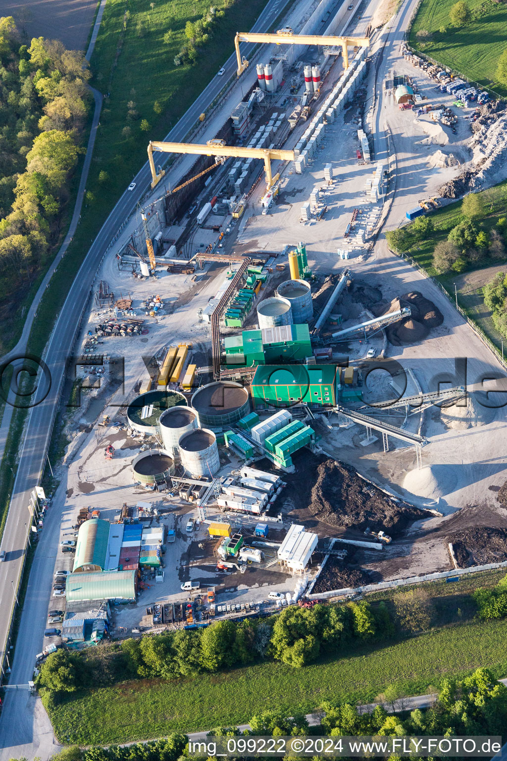 Aerial photograpy of Construction site with tunnel guide for the route of ICE Neubaustrecke Karlsruhe-Basel in Oetigheim in the state Baden-Wurttemberg, Germany