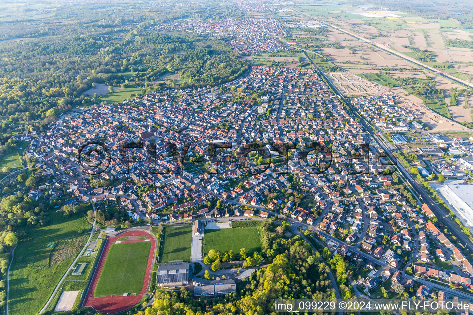 Town View of the streets and houses of the residential areas in Oetigheim in the state Baden-Wurttemberg, Germany