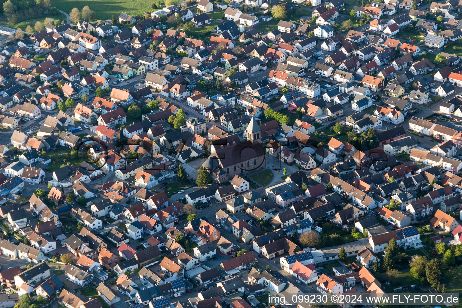 Aerial view of Town View of the streets and houses of the residential areas in Oetigheim in the state Baden-Wurttemberg, Germany