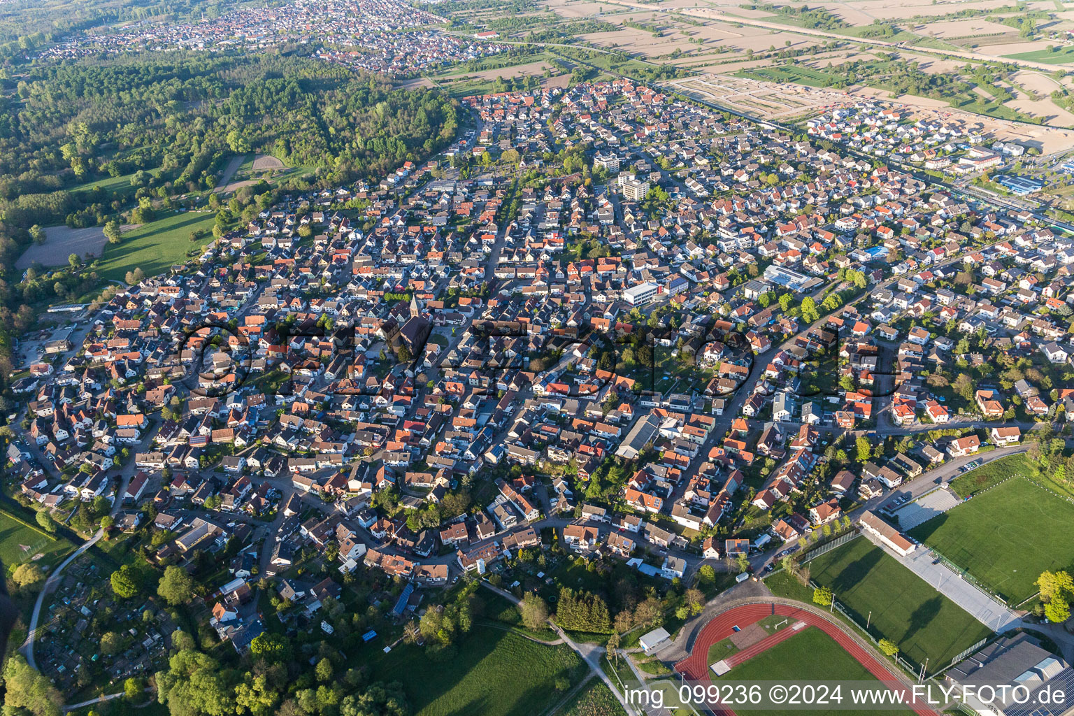 Aerial photograpy of Town View of the streets and houses of the residential areas in Oetigheim in the state Baden-Wurttemberg, Germany