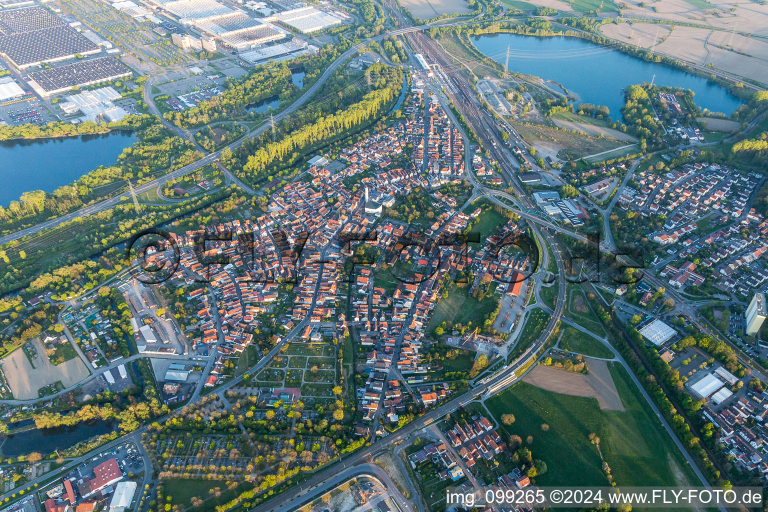 Aerial view of Town View of the streets and houses of the residential areas between state highway and Daimler factory in Woerth am Rhein in the state Rhineland-Palatinate, Germany