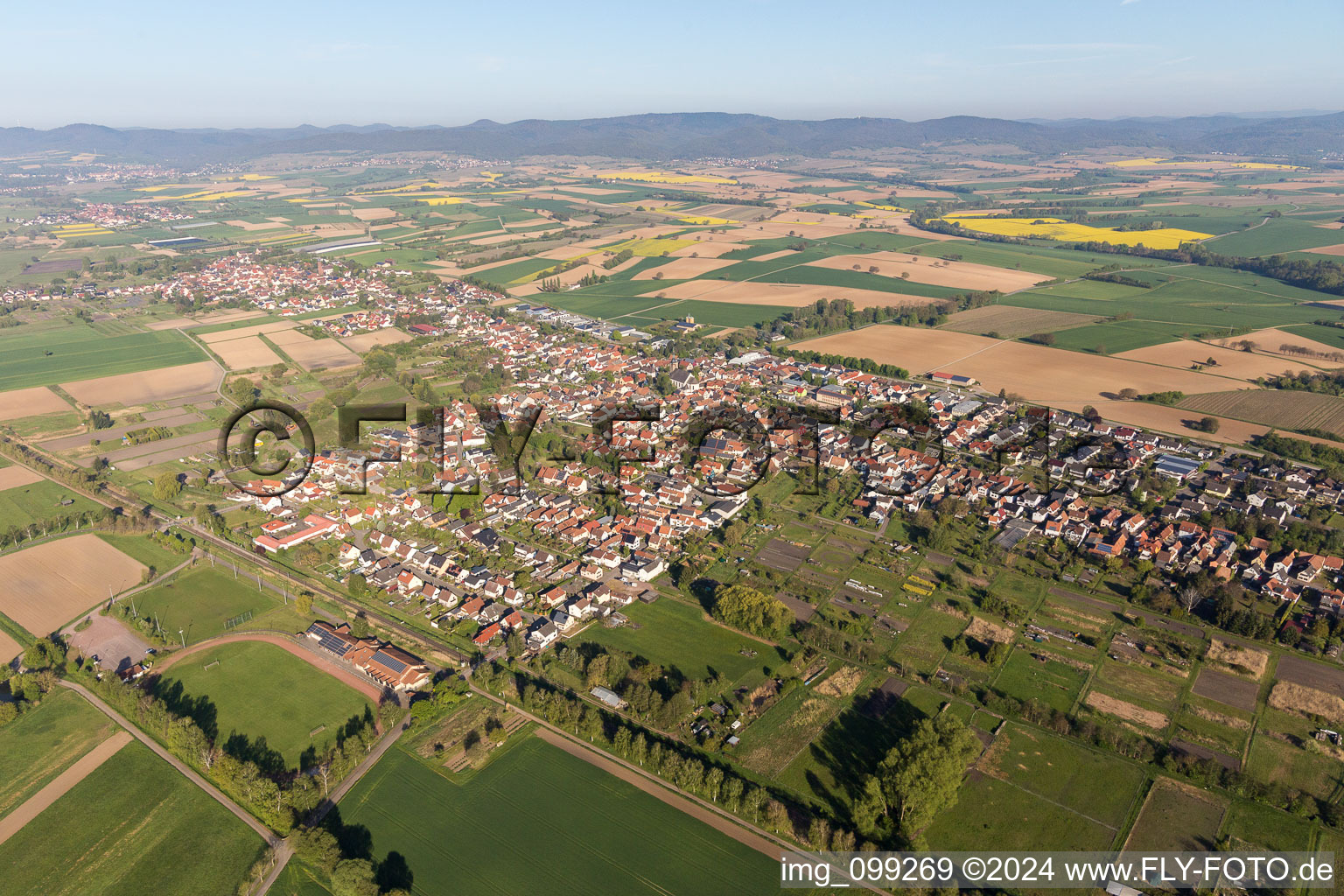 Village - view on the edge of agricultural fields and farmland in Steinfeld in the state Rhineland-Palatinate, Germany