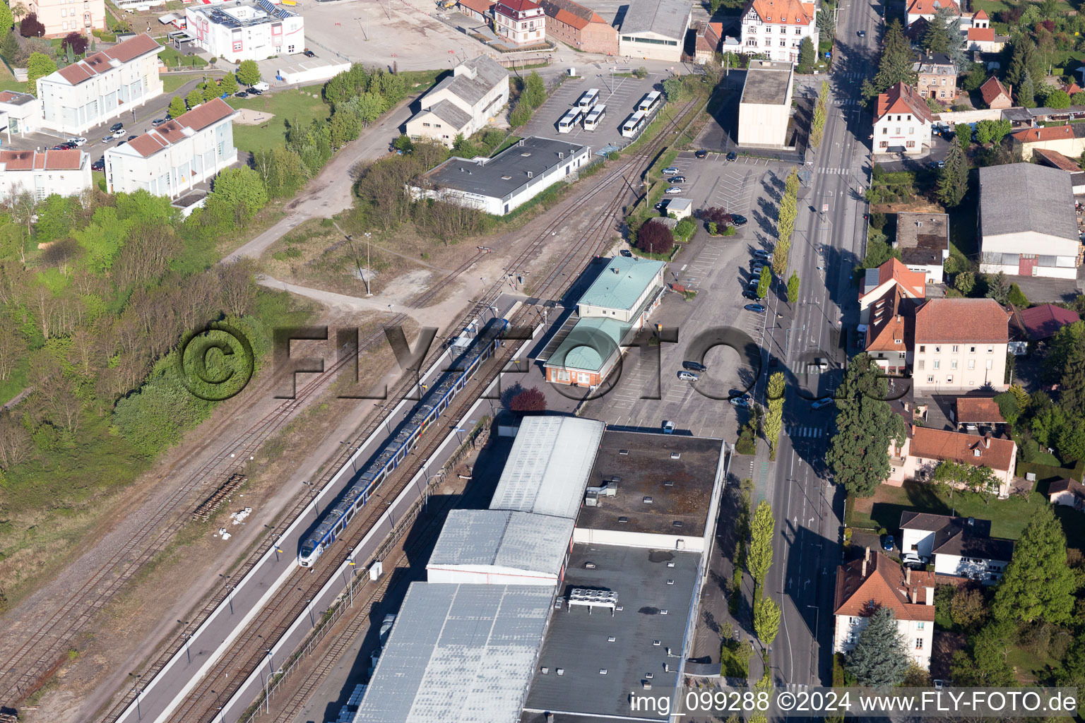 Aerial view of Railroad station in Wissembourg in the state Bas-Rhin, France