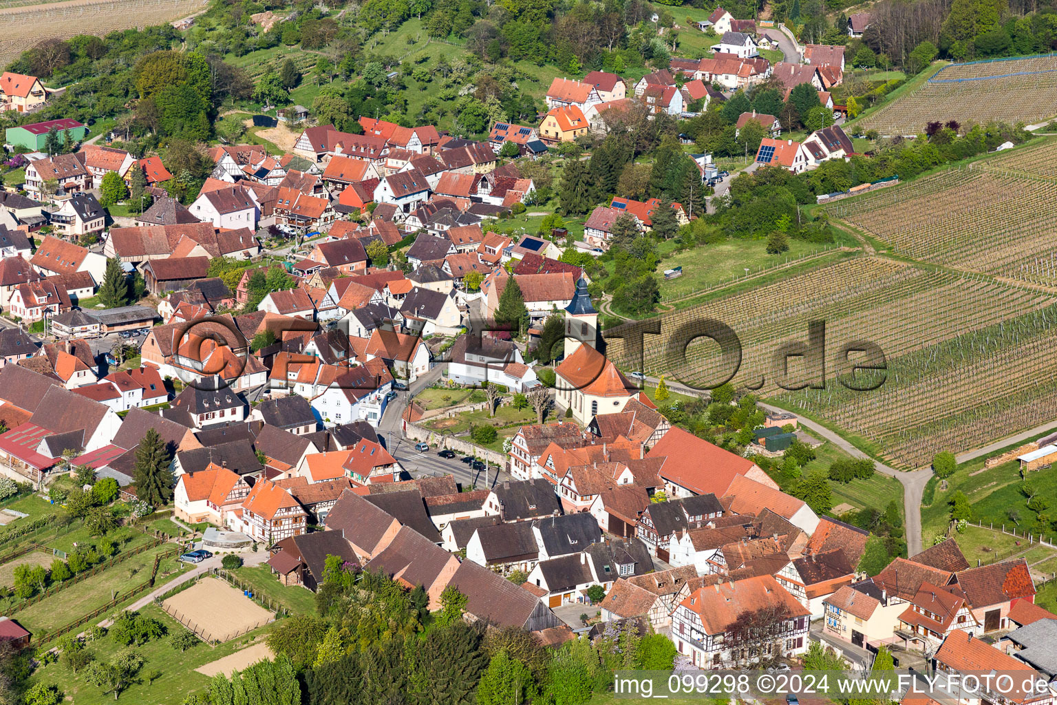 Aerial photograpy of Village - view on the edge of agricultural fields and farmland in Rott in Grand Est, France