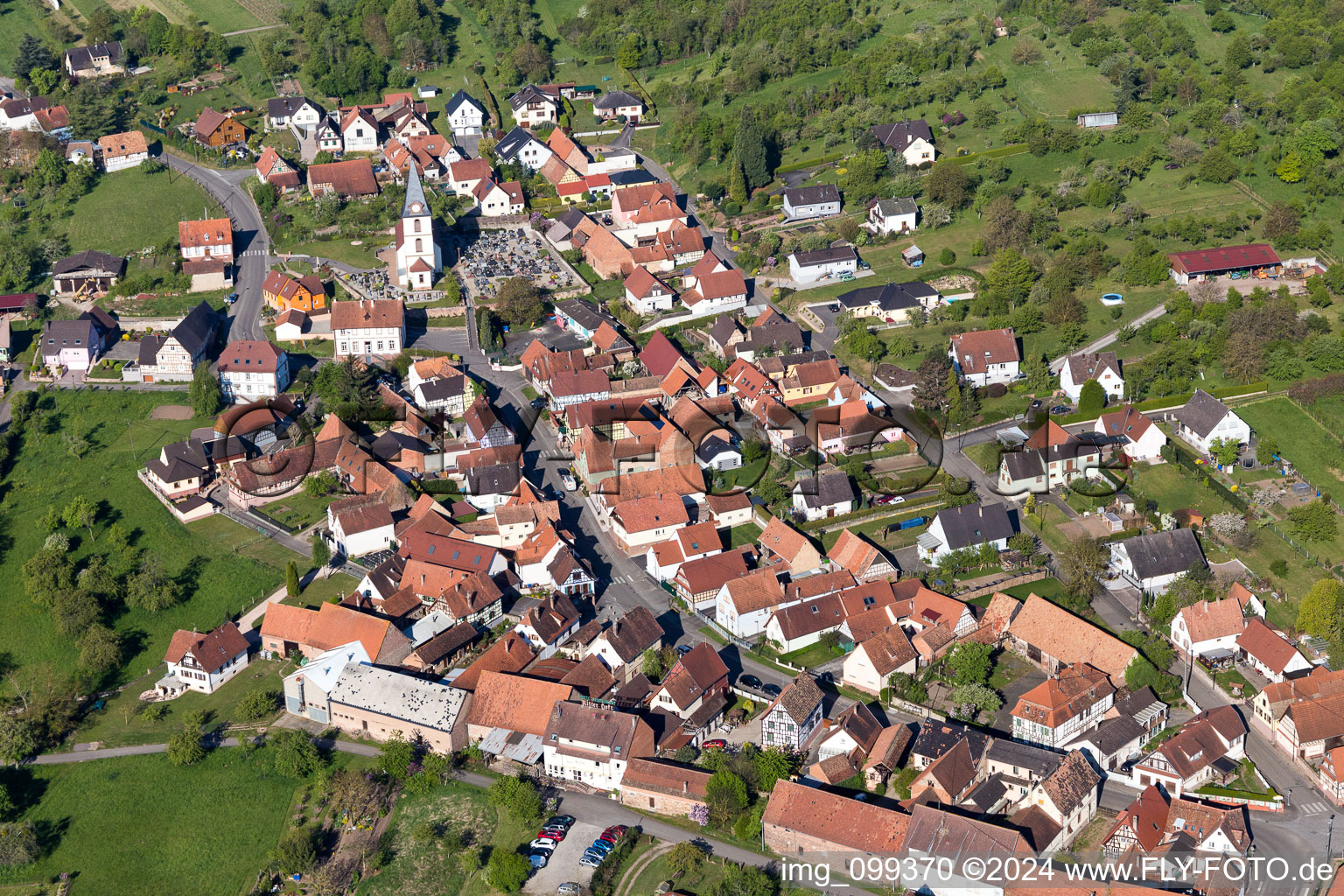 Aerial view of Village view in Morsbronn-les-Bains in the state Bas-Rhin, France