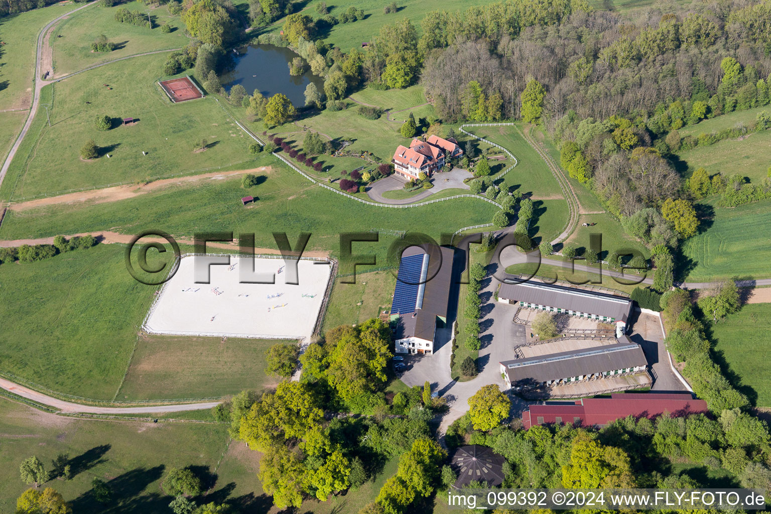 Aerial view of Am Froeschenberg, Haras Lerchenberg in Gundershoffen in the state Bas-Rhin, France