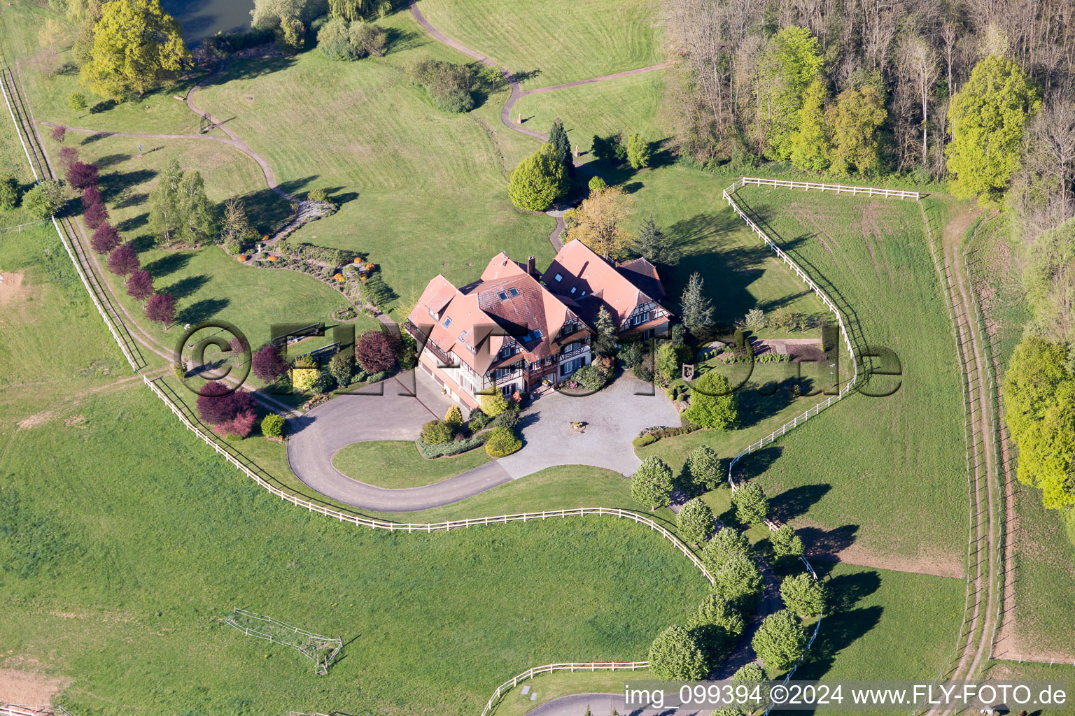 Oblique view of Am Froeschenberg, Haras Lerchenberg in Gundershoffen in the state Bas-Rhin, France