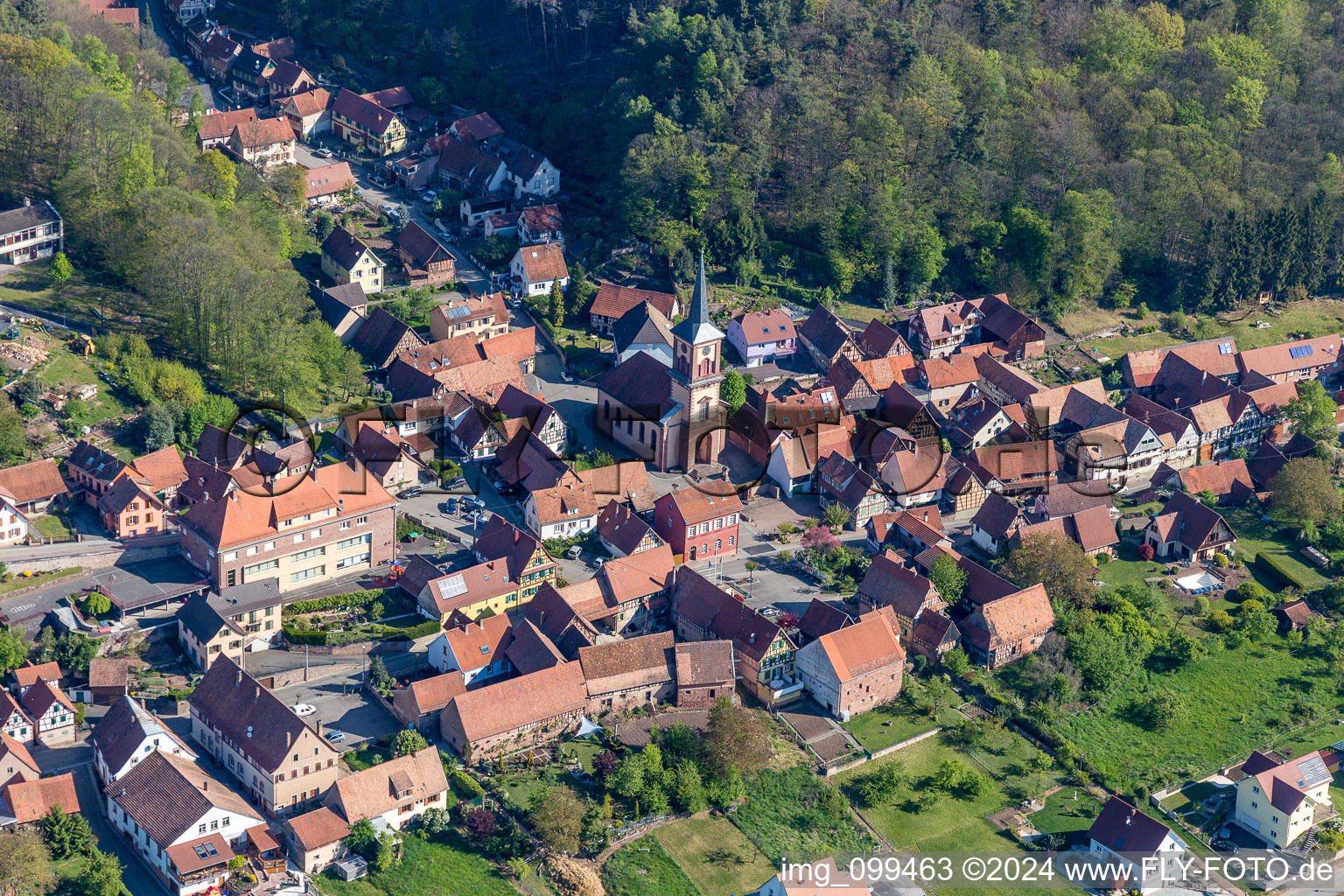 Aerial view of Church building in the village of in Offwiller in Grand Est, France