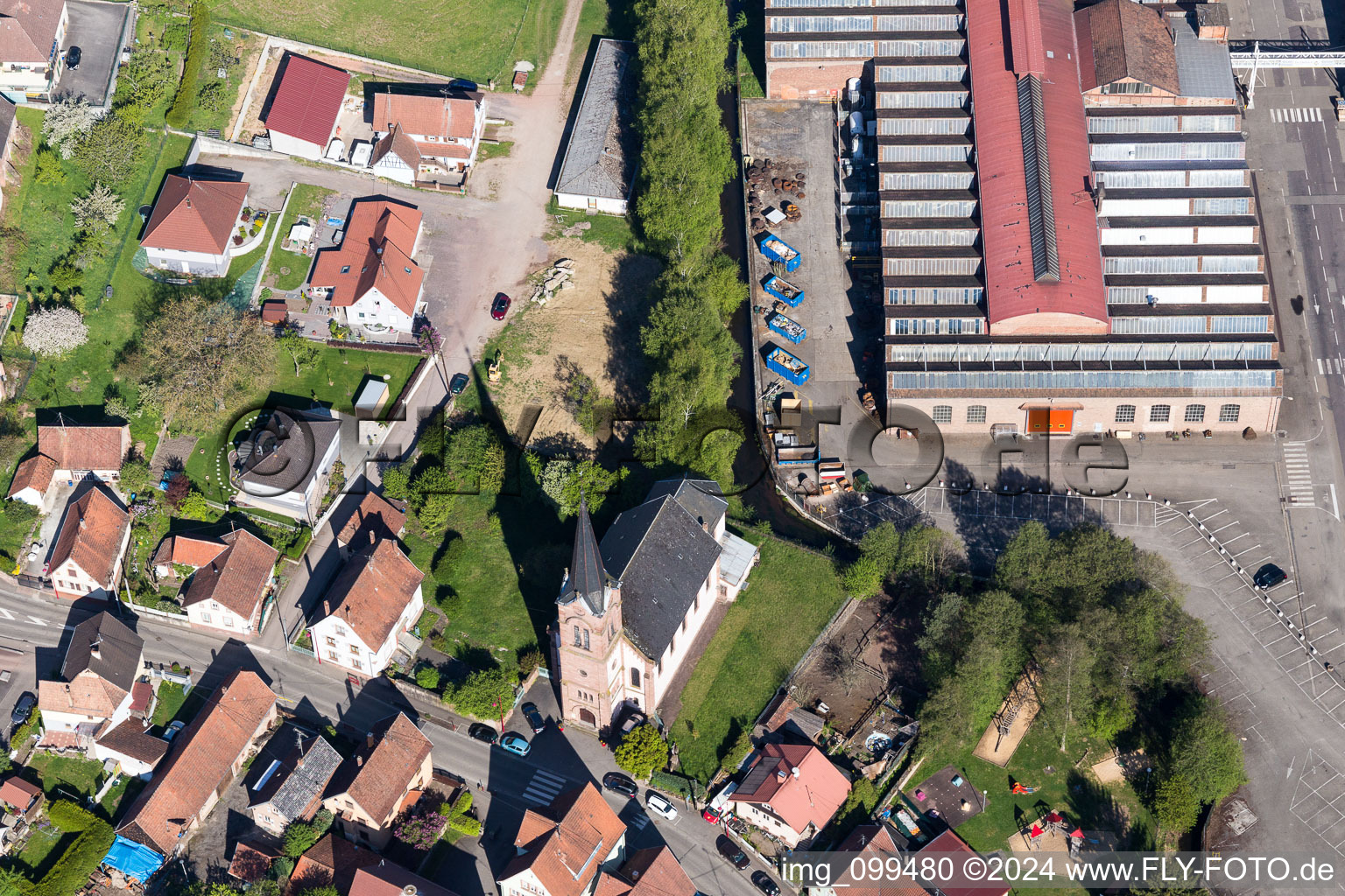 Aerial view of Building and production halls on the premises of De Dietrich Process Systems in Zinswiller in Grand Est, France