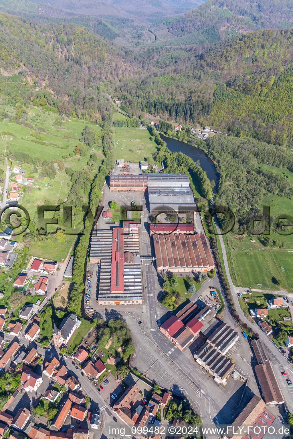 Aerial photograpy of Building and production halls on the premises of De Dietrich Process Systems in Zinswiller in Grand Est, France