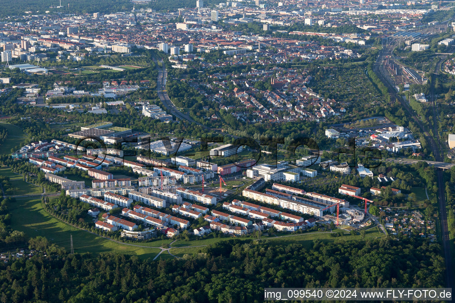 District Oberreut in Karlsruhe in the state Baden-Wuerttemberg, Germany from above