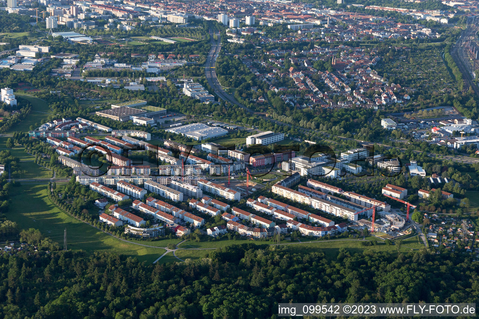 District Oberreut in Karlsruhe in the state Baden-Wuerttemberg, Germany seen from above