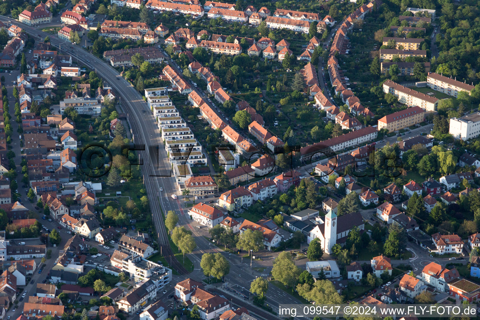 Aerial view of Christ the King Church in the district Rüppurr in Karlsruhe in the state Baden-Wuerttemberg, Germany