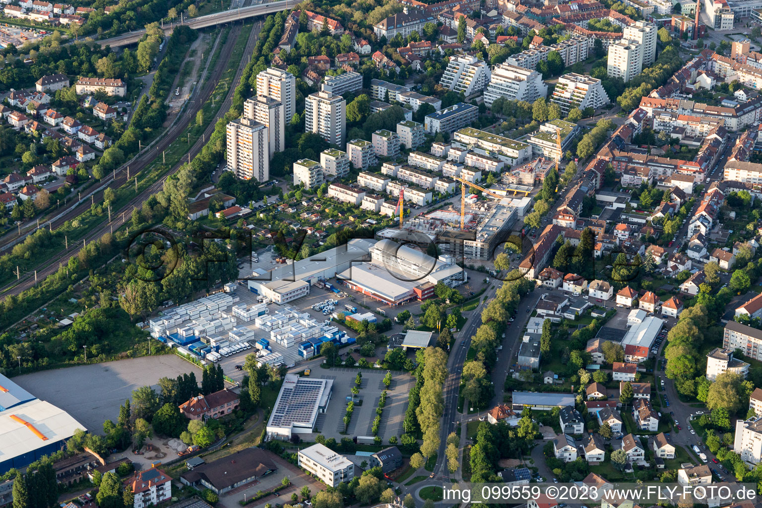 Aerial view of Killisfeldstr in the district Durlach in Karlsruhe in the state Baden-Wuerttemberg, Germany