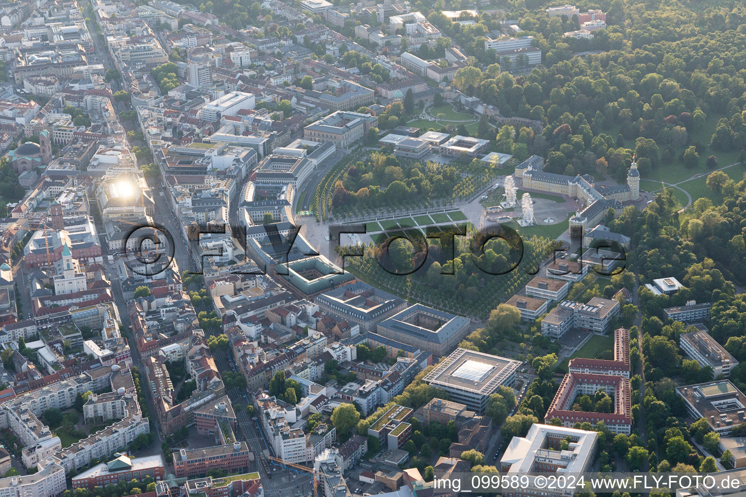 Aerial view of Castle and castle park in the district Innenstadt-Ost in Karlsruhe in the state Baden-Wuerttemberg, Germany