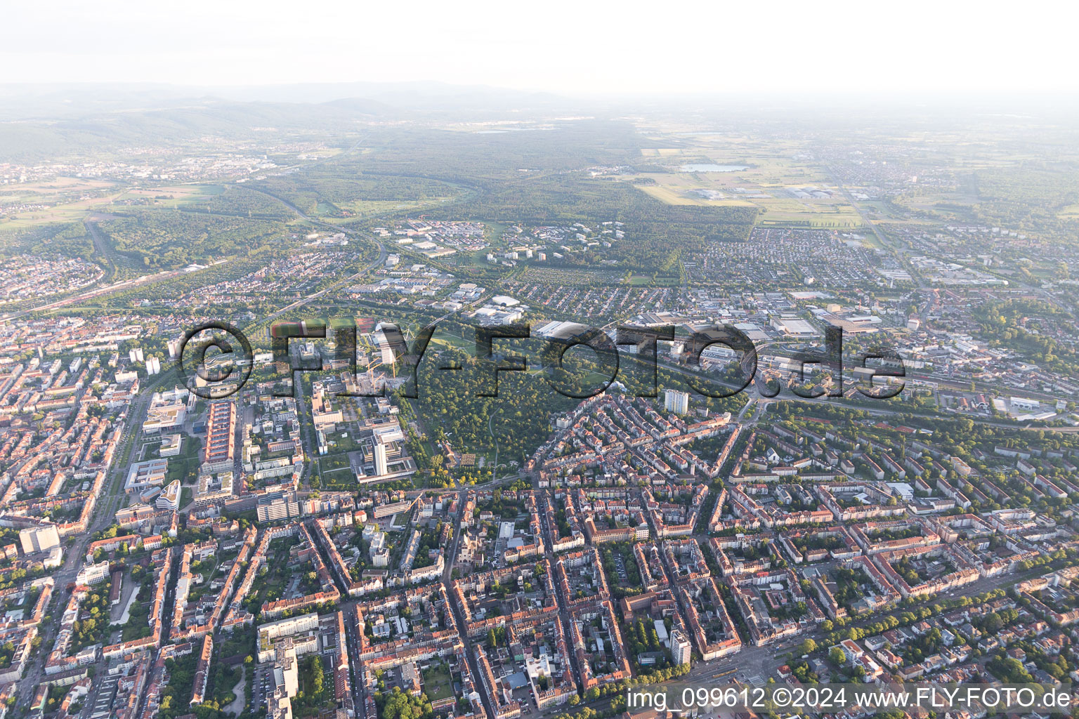 Aerial view of District Weststadt in Karlsruhe in the state Baden-Wuerttemberg, Germany