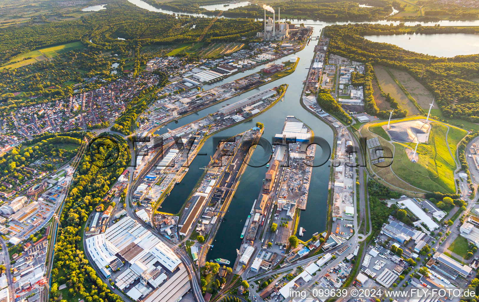 Quays and boat moorings at the port of the inland port of the Rhine river in the district Muehlburg in Karlsruhe in the state Baden-Wurttemberg, Germany