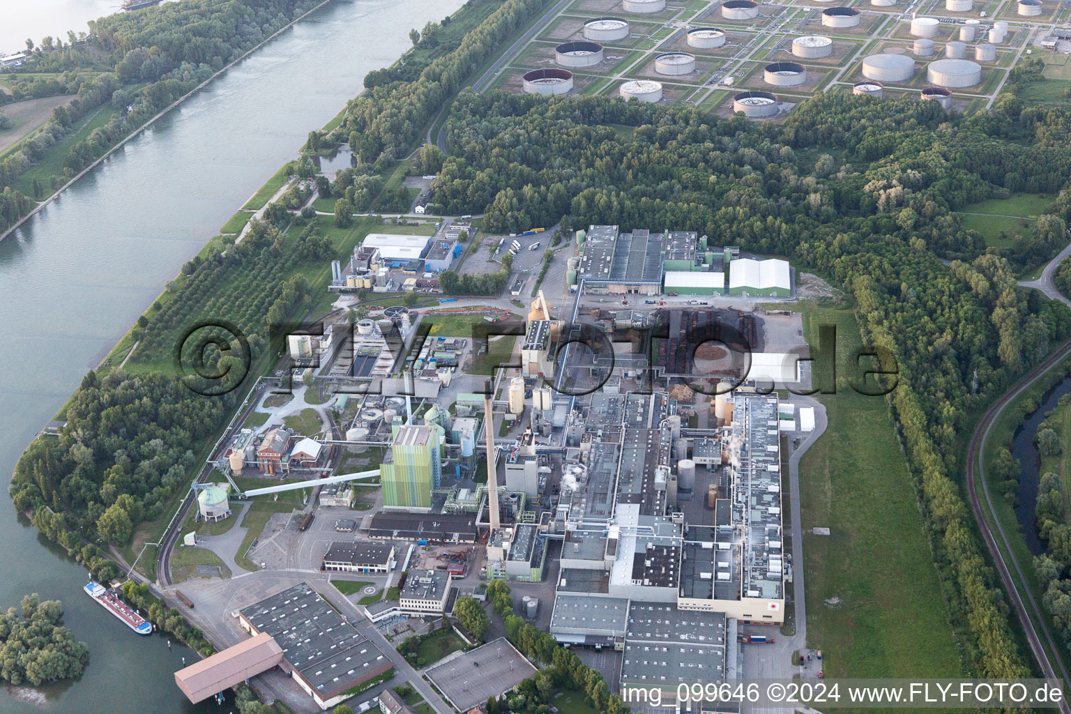 Aerial view of Stora Enso from the south in the district Knielingen in Karlsruhe in the state Baden-Wuerttemberg, Germany