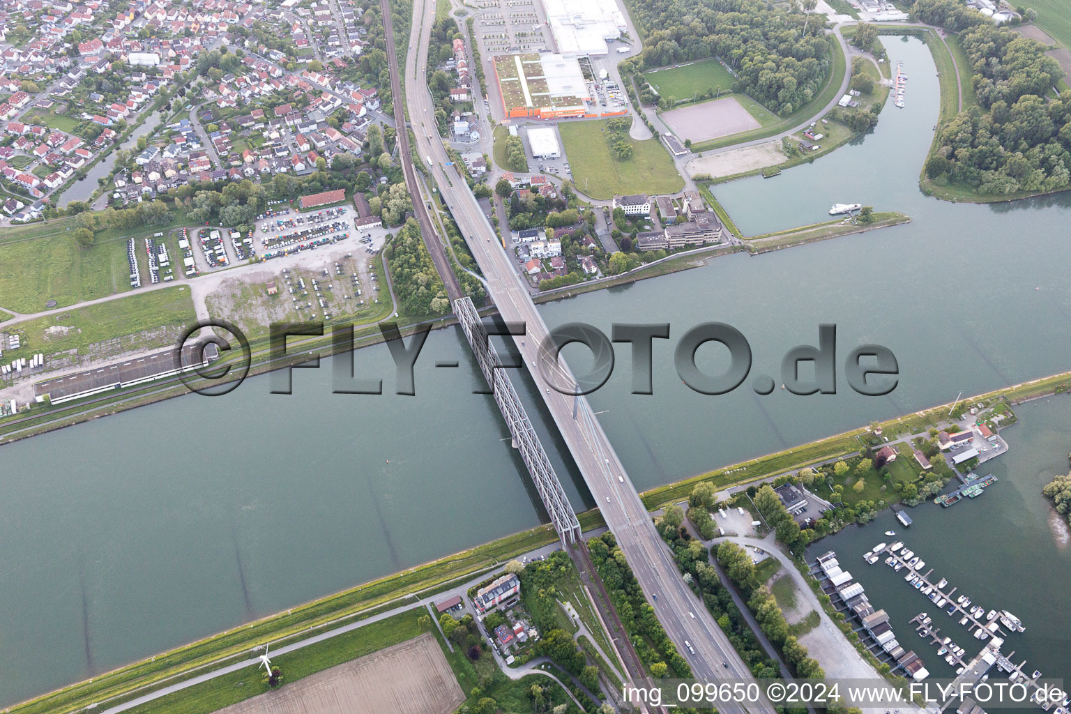 Aerial view of Maxau, Rhine Bridge in the district Knielingen in Karlsruhe in the state Baden-Wuerttemberg, Germany