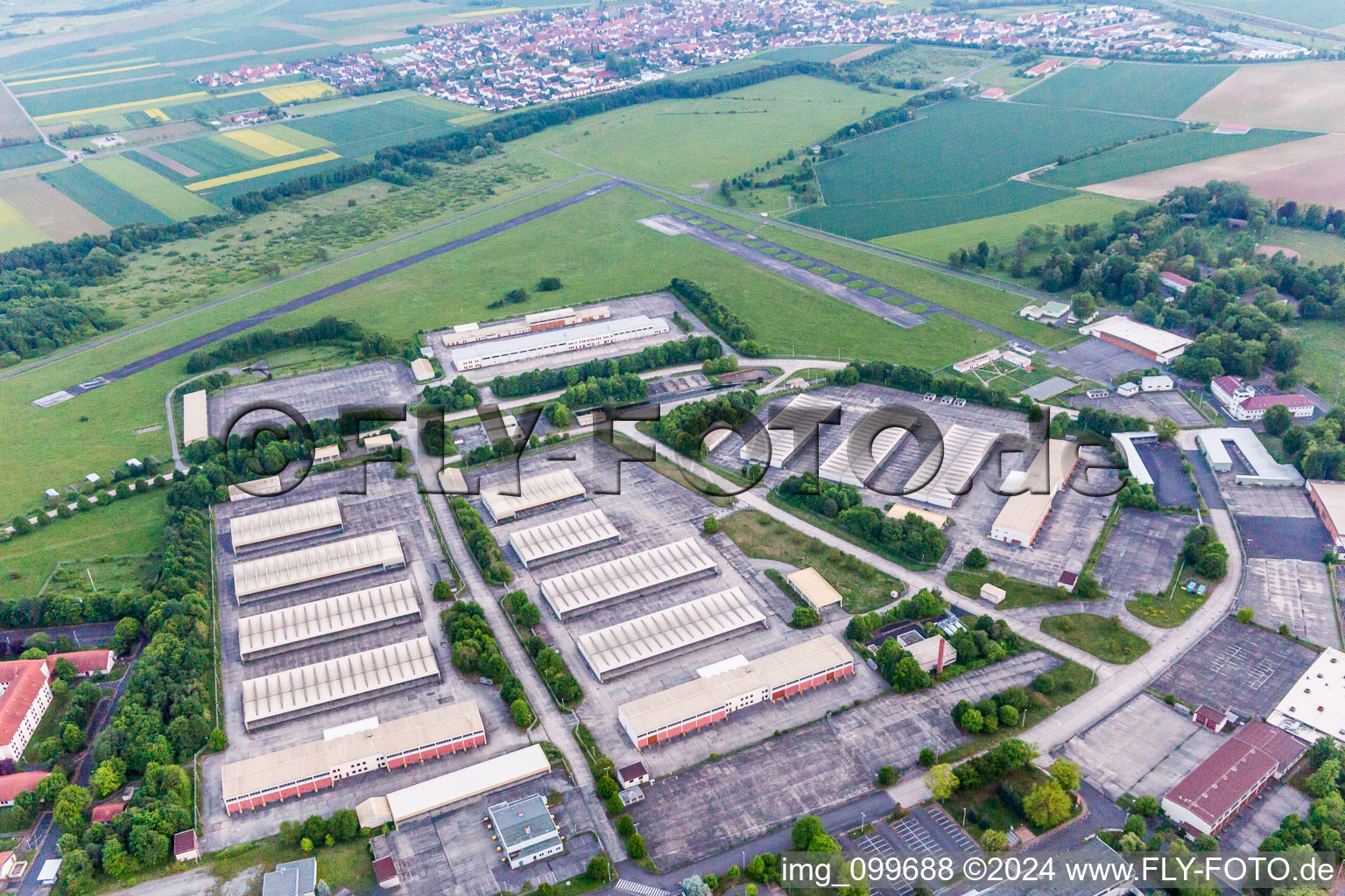 Aerial view of Building complex of the former military barracks in Geldersheim in the state Bavaria, Germany