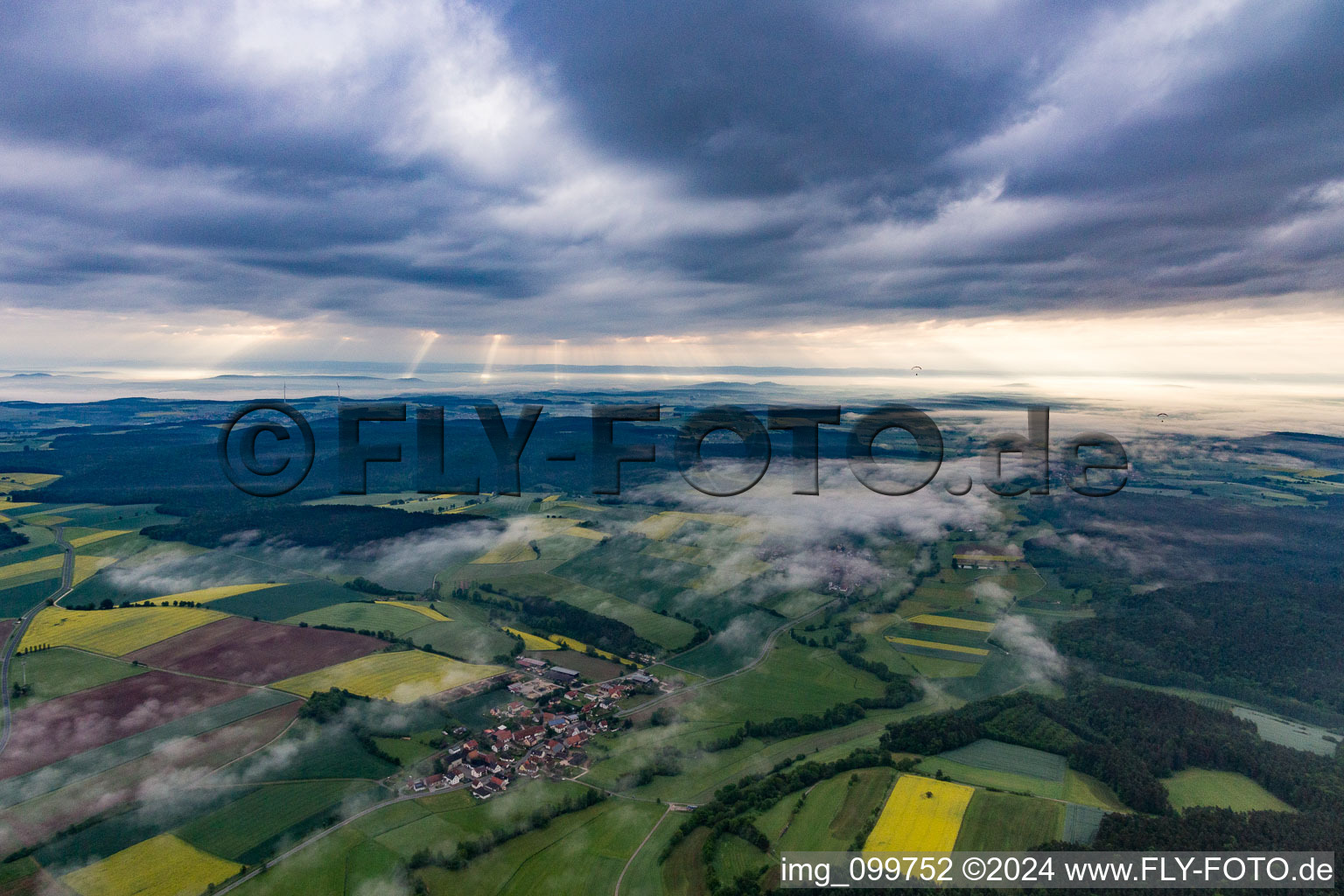 Valley of the Rauen Ebrach under clouds in the district Halbersdorf in Schönbrunn im Steigerwald in the state Bavaria, Germany