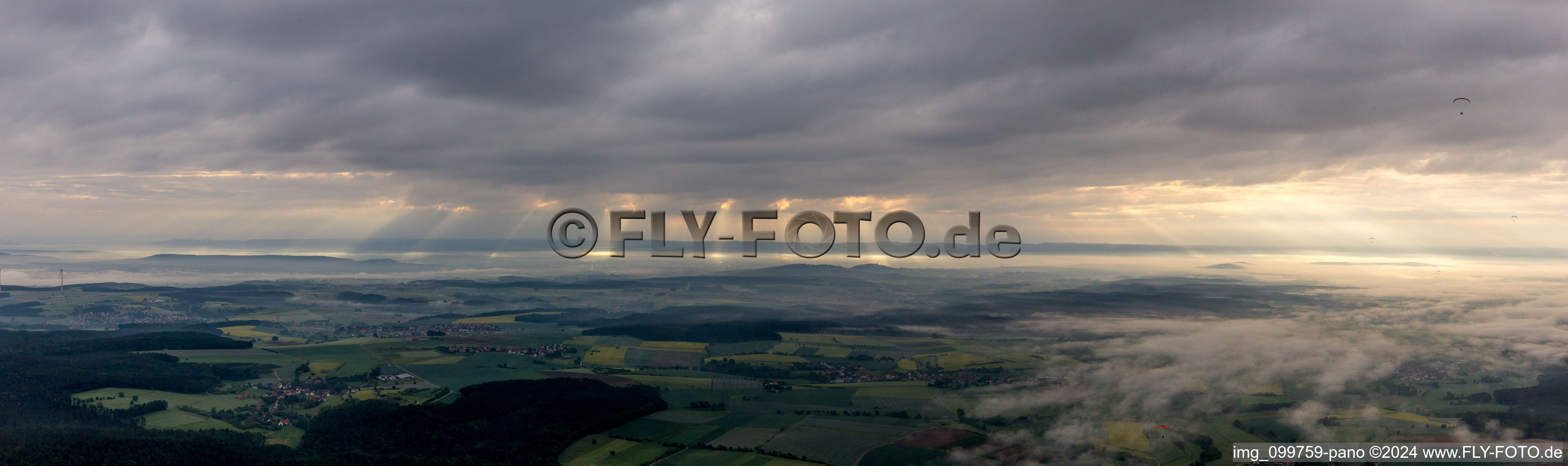 Forest and mountain scenery of Steigerwald at sunrise in Burgebrach in the state Bavaria, Germany