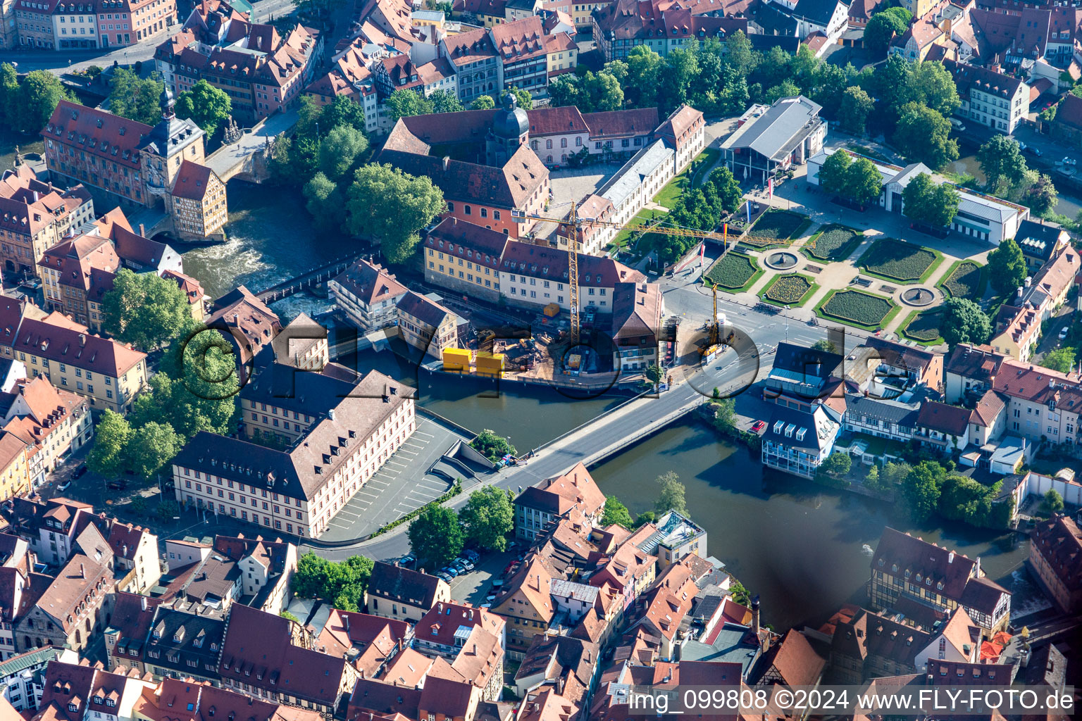 Aerial view of Surveying office at the Bischofsmühlbrücke in Bamberg in the state Bavaria, Germany