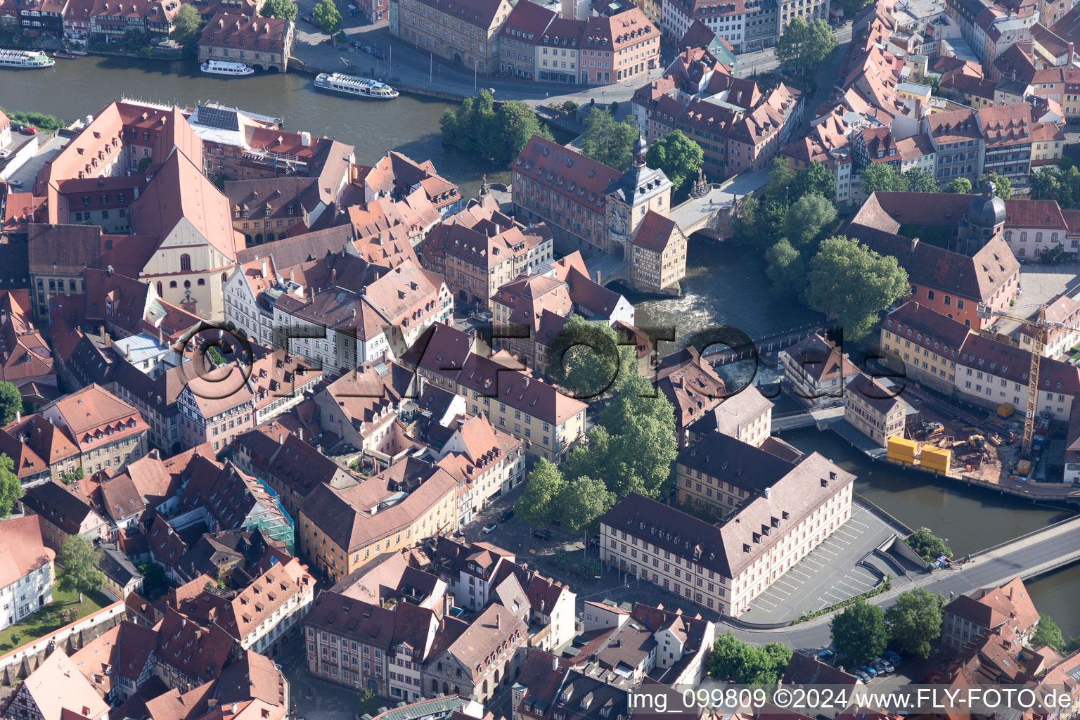 Old town hall above the left arm of the Regnitz in Bamberg in the state Bavaria, Germany