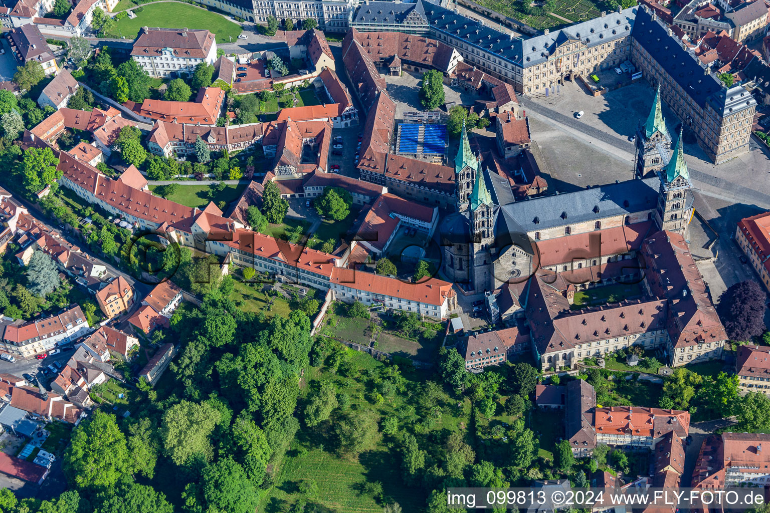 Aerial view of Bamberg Cathedral on Domplatz in Bamberg in the state Bavaria, Germany