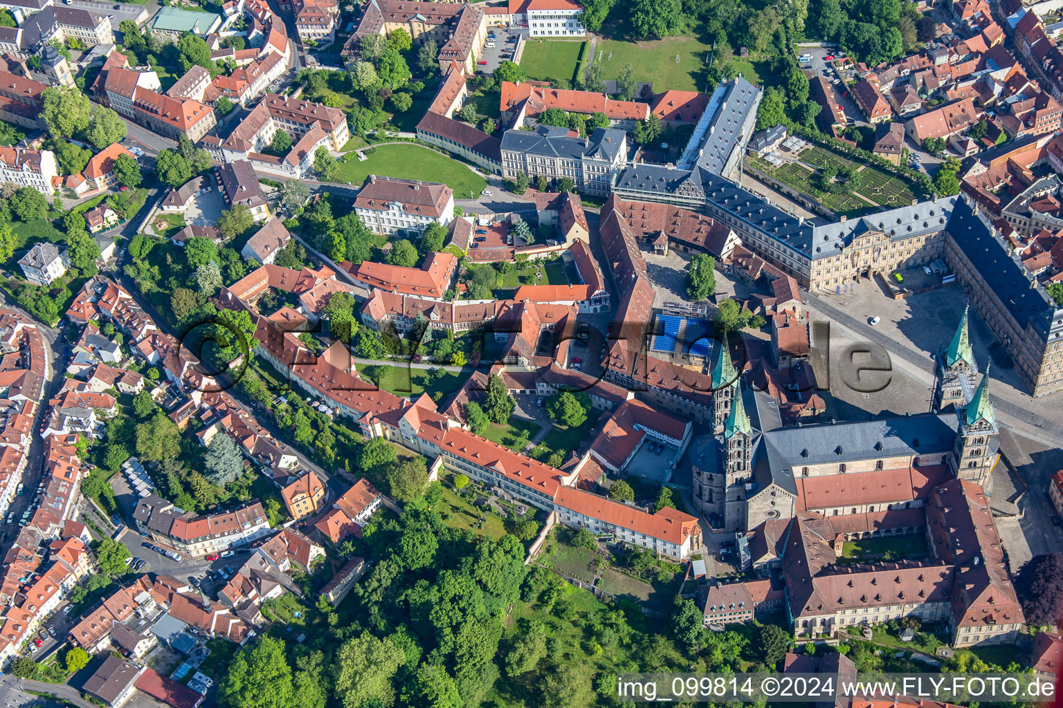 Aerial photograpy of Bamberg Cathedral on Domplatz in Bamberg in the state Bavaria, Germany