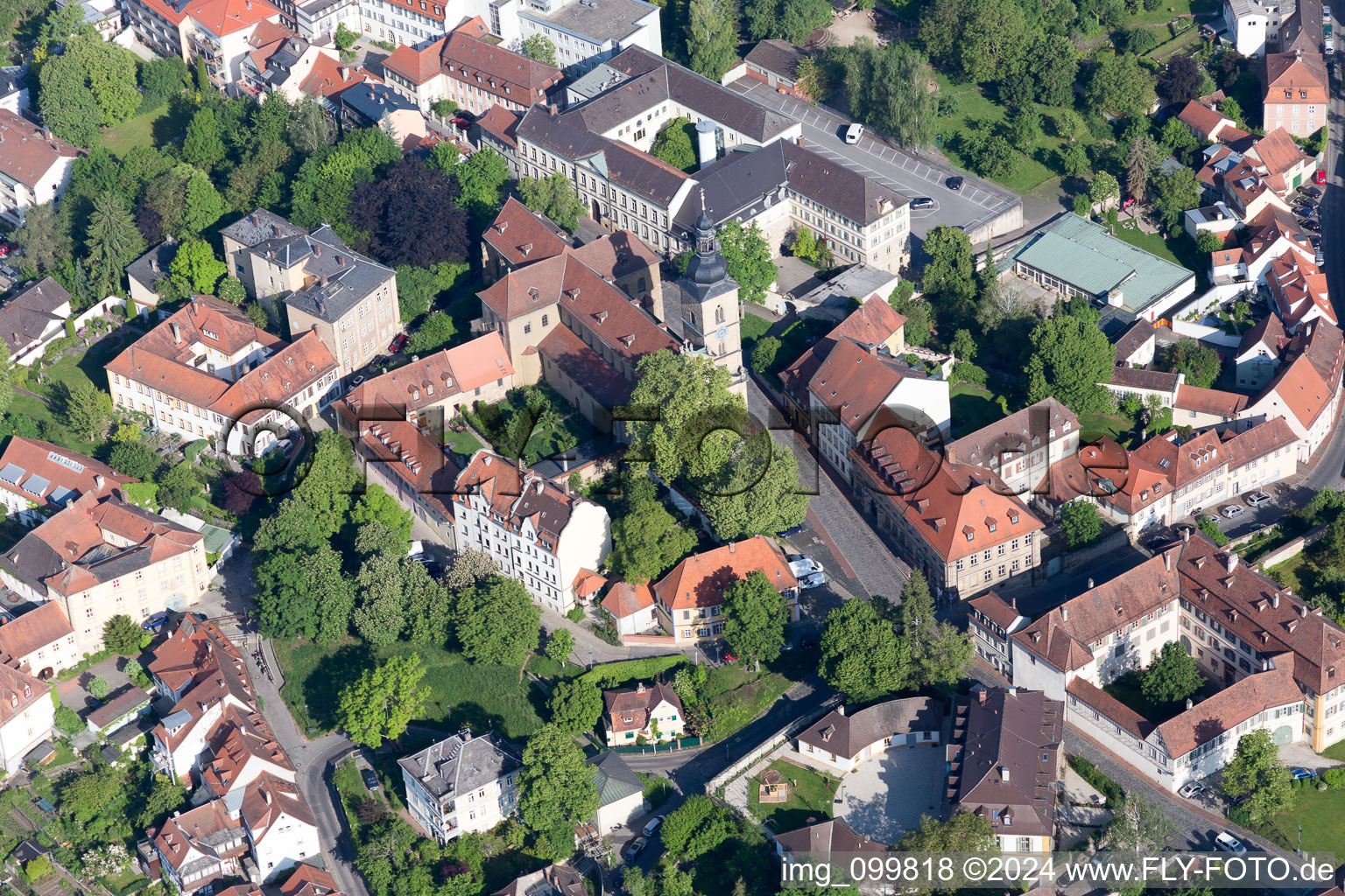 Aerial view of Montessori School Bamberg and Collegiate Church of St. Jacob in Bamberg in the state Bavaria, Germany