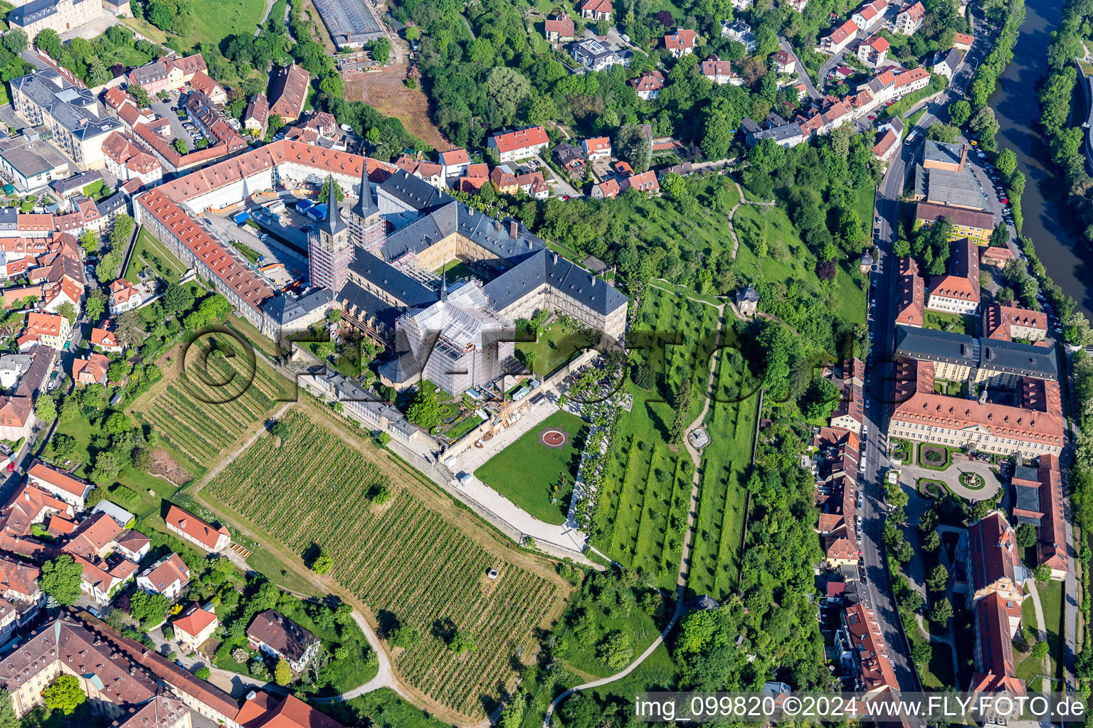 Aerial view of Michaelsberg Monastery above the Michaelsberg Garden and the City Archives in Bamberg in the state Bavaria, Germany