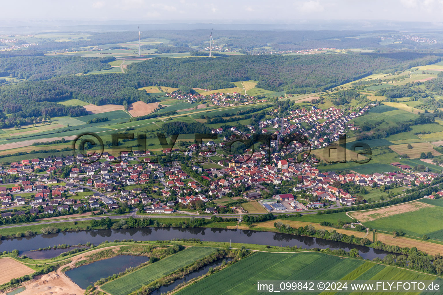 Aerial photograpy of Village on the river bank areas of the Main river in Viereth-Trunstadt in the state Bavaria, Germany