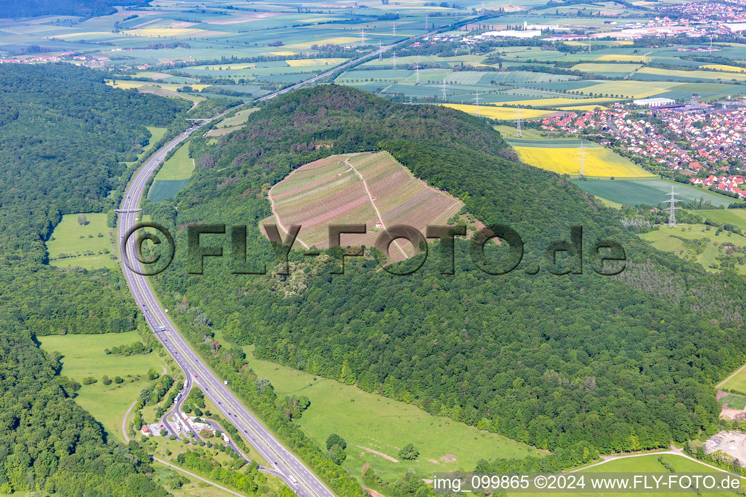 Aerial view of A70 bypasses Hermannsberg in Sand am Main in the state Bavaria, Germany