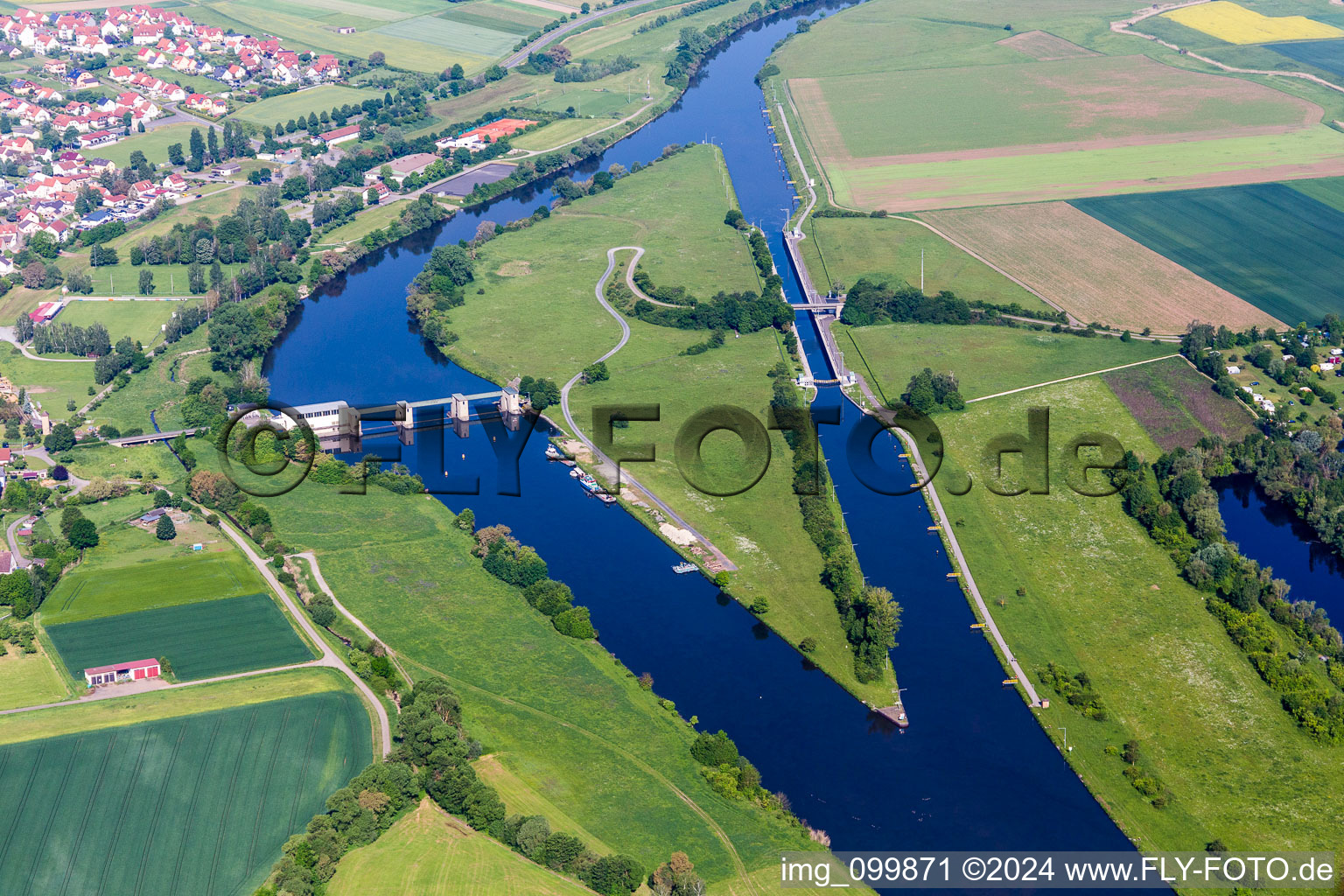 Island on the banks of the river course of the Main river in Knetzgau in the state Bavaria, Germany