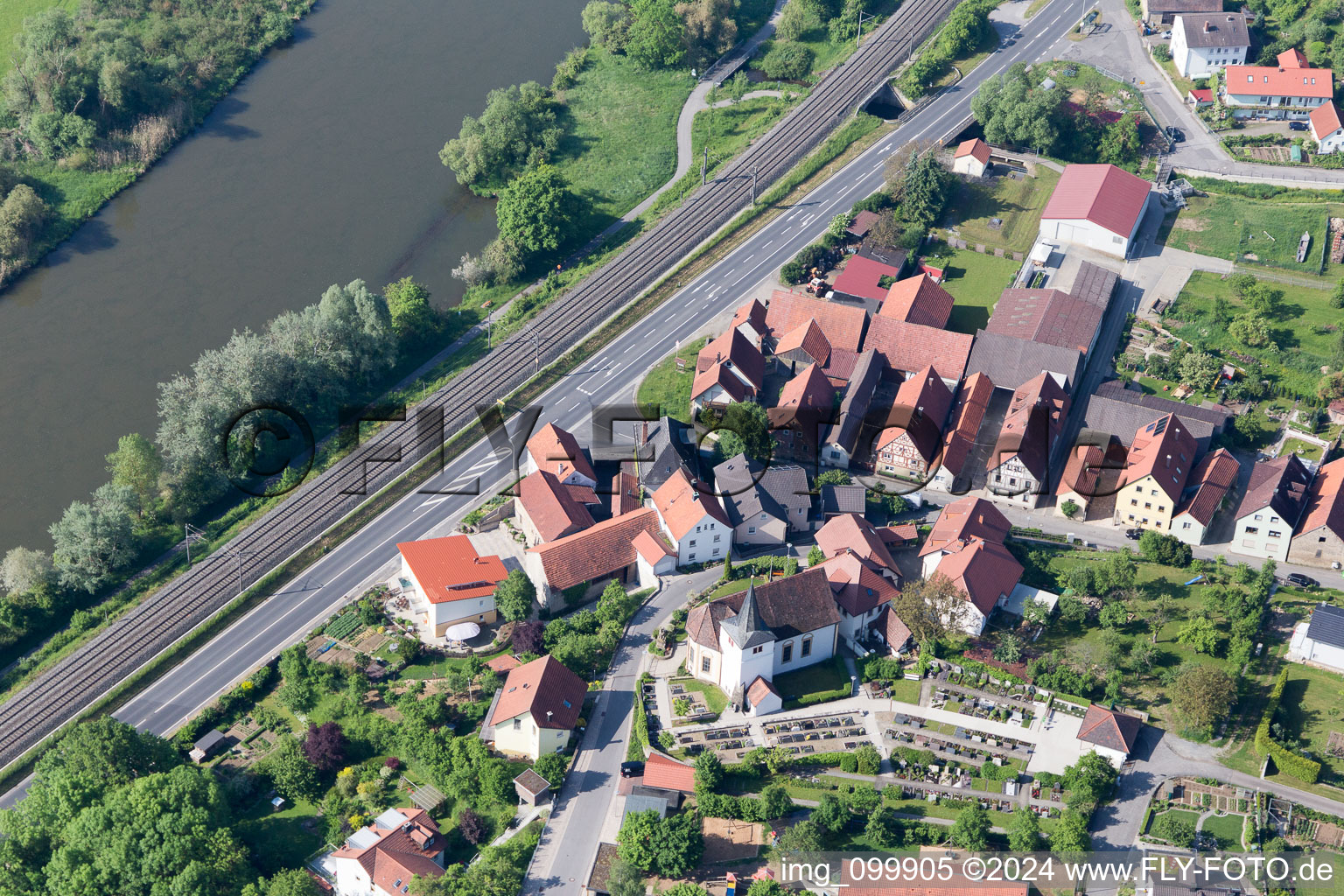 Cemetery and church at Mainblick in the district Wülflingen in Haßfurt in the state Bavaria, Germany