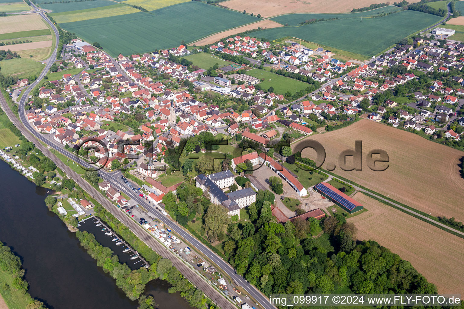 Village on the river bank areas of the Main river in Obertheres in the state Bavaria, Germany