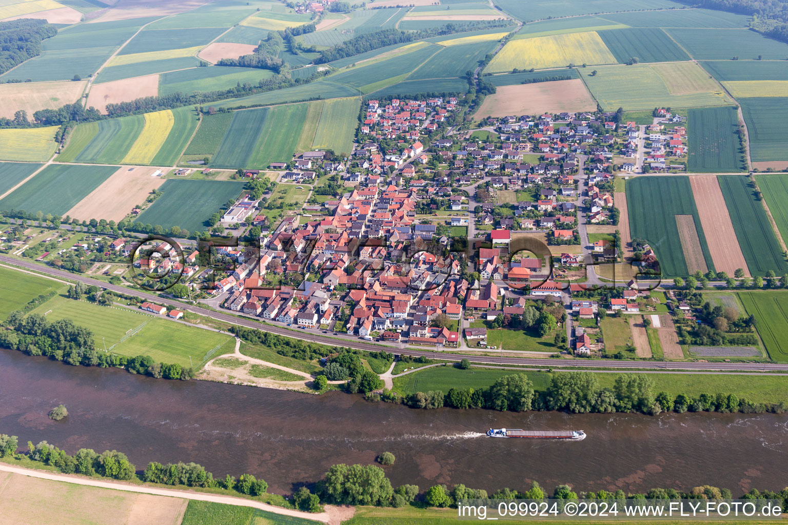 Aerial photograpy of Village on the river bank areas of the Main river in Untertheres in the state Bavaria, Germany