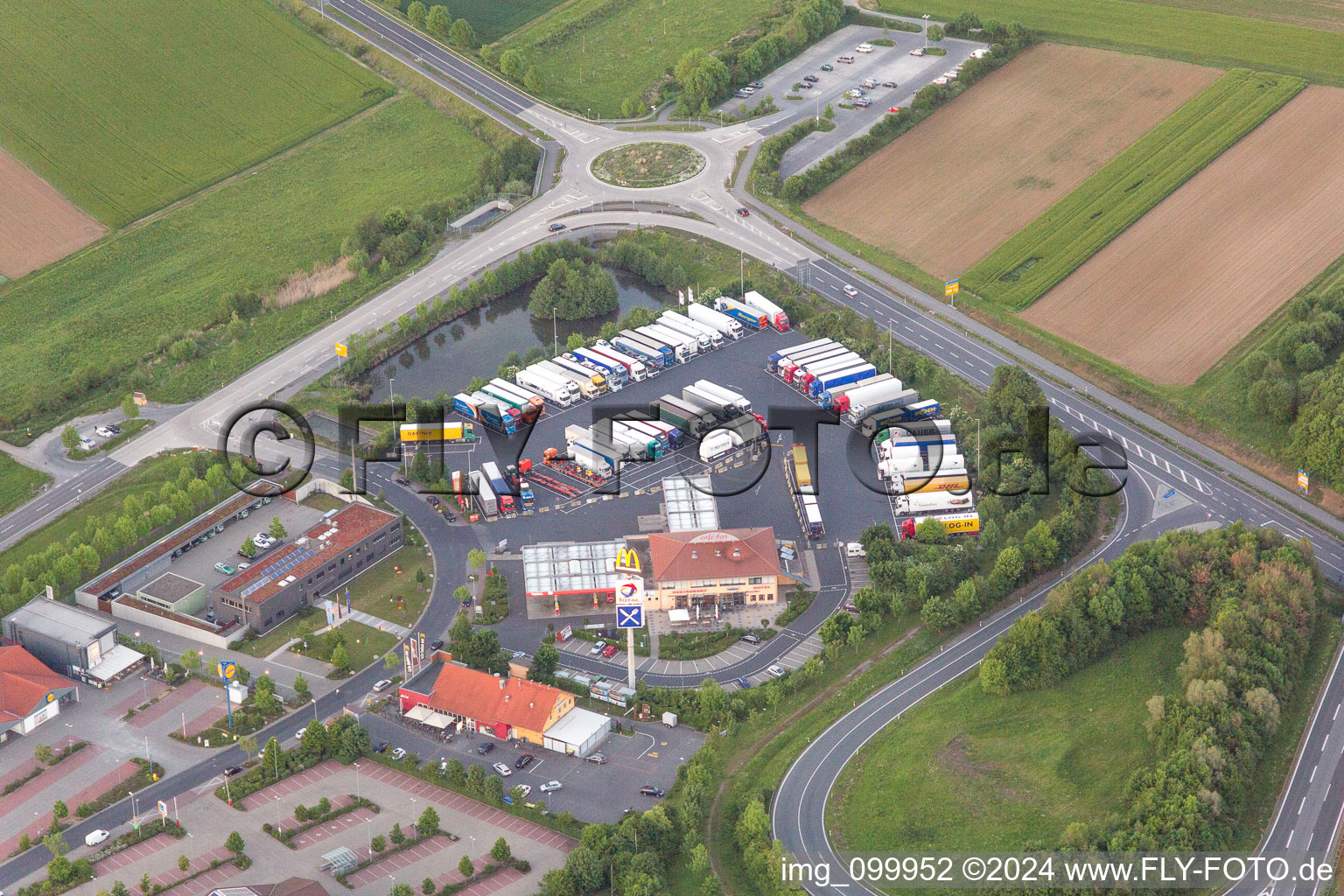 Aerial view of Motorway service station on the A70 in Werneck in the state Bavaria, Germany