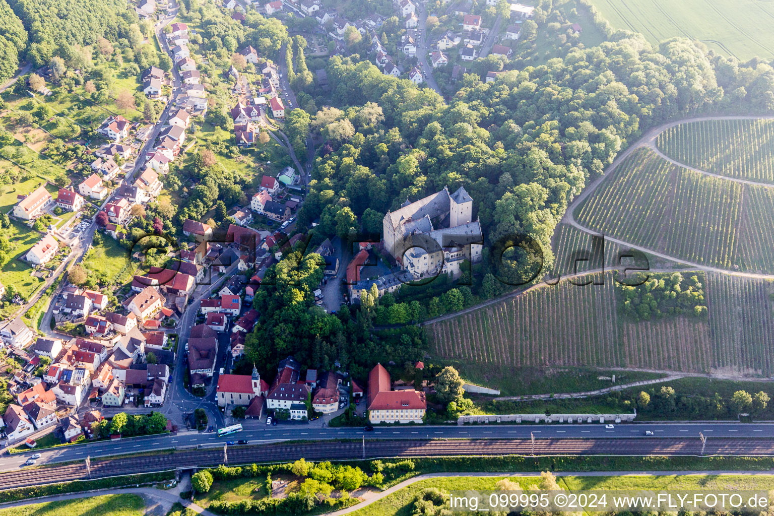 Castle Mainberg in the district Mainberg in Schonungen in the state Bavaria, Germany seen from above