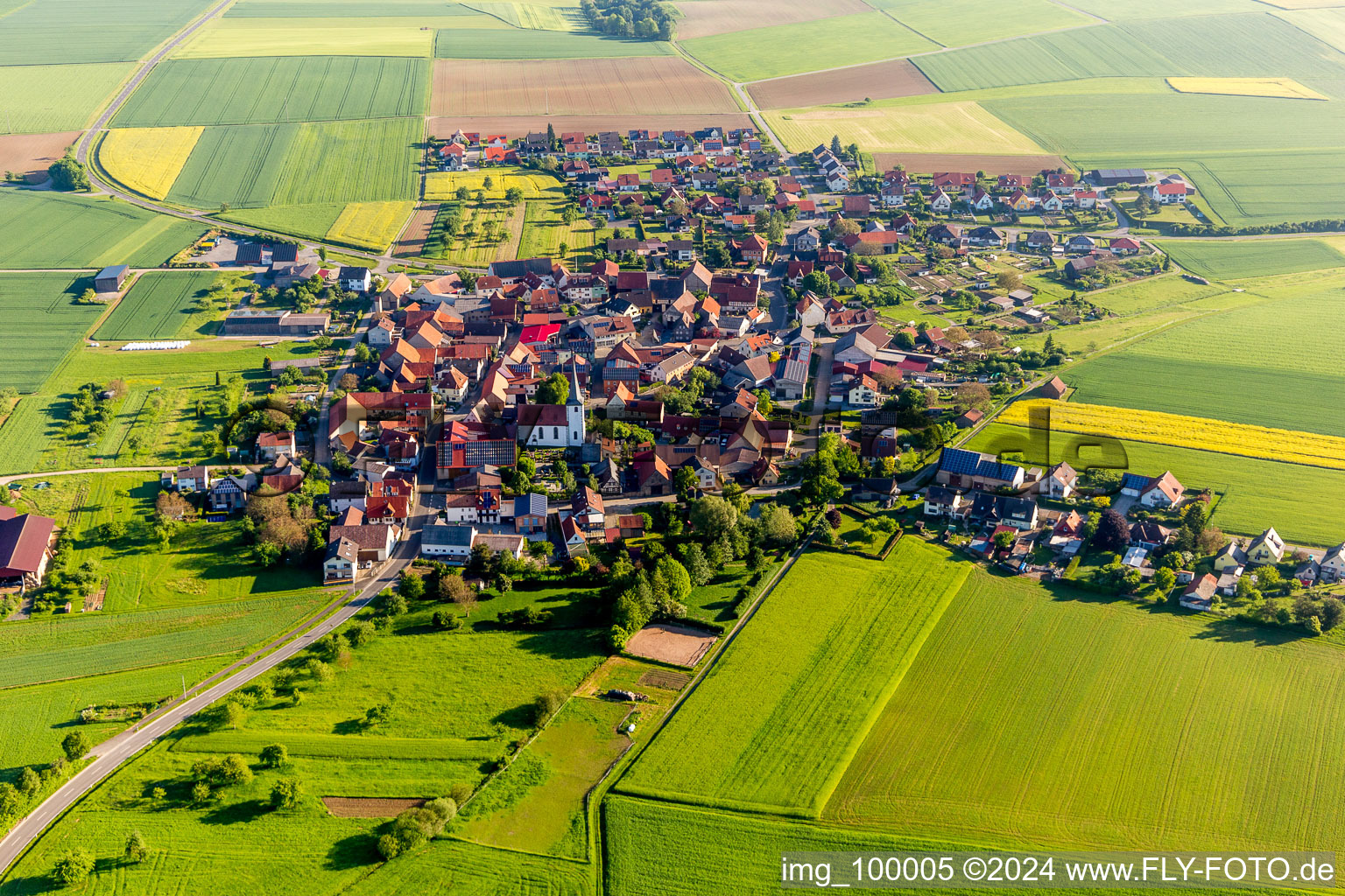 Aerial view of From the south in the district Ebertshausen in Üchtelhausen in the state Bavaria, Germany