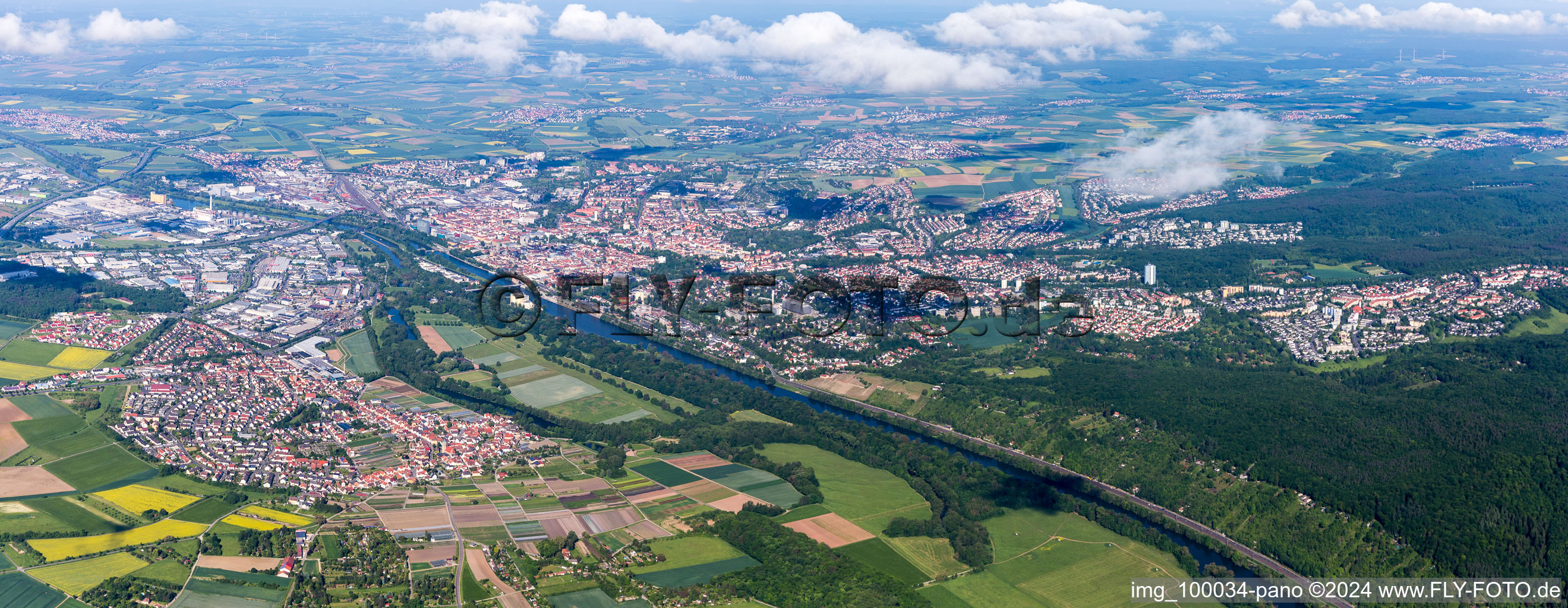 Aerial view of City view on the river bank of the Main river in Schweinfurt in the state Bavaria, Germany