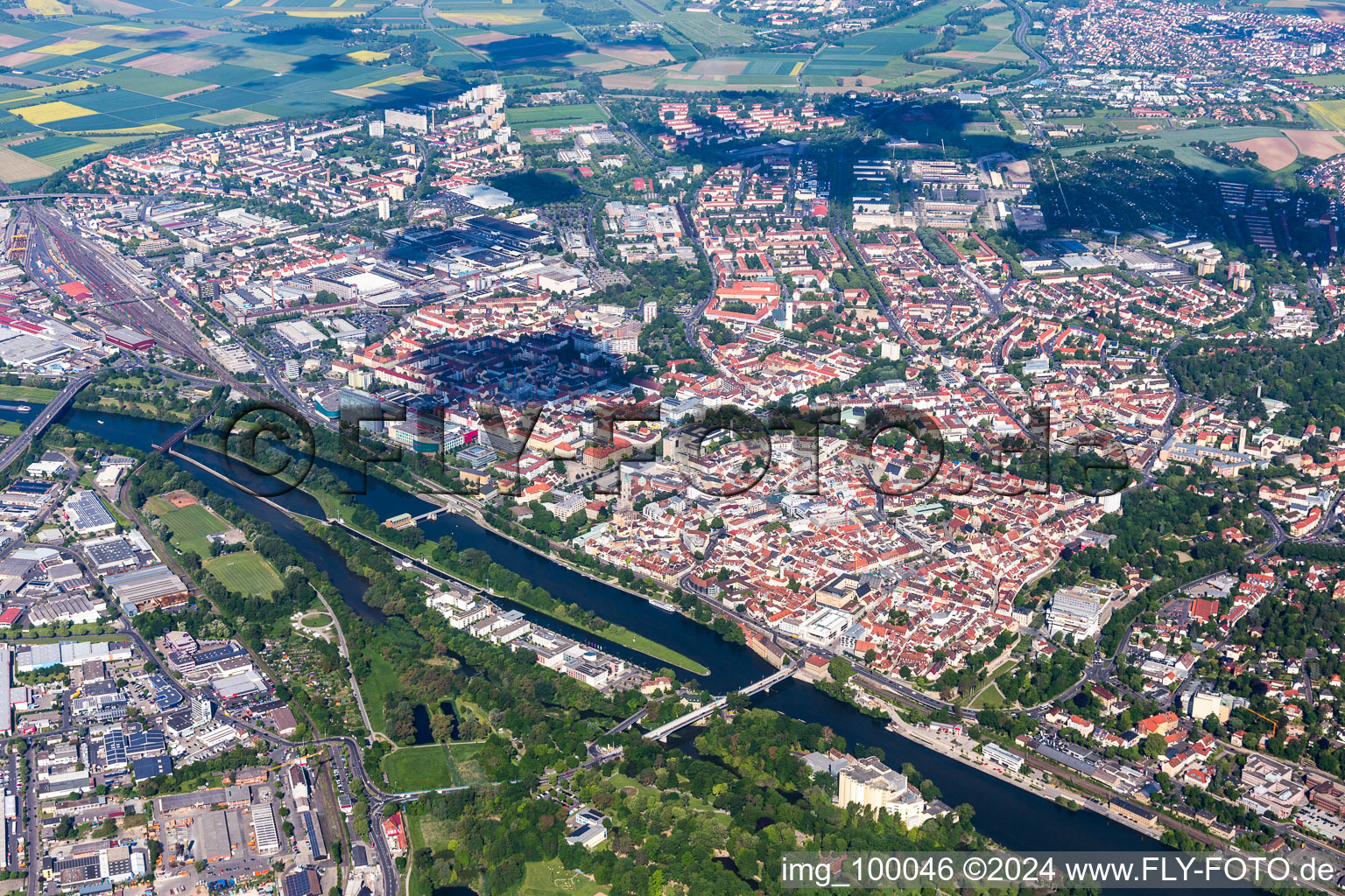 Aerial view of City view on the river bank of the Main river in Schweinfurt in the state Bavaria, Germany